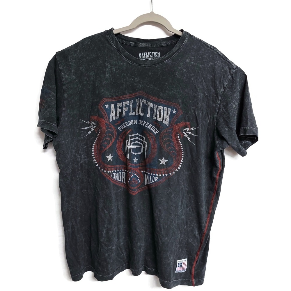 Affliction Freedom Defender Mens XL T-Shirt Gray Acid Wash Graphic Honor Valor